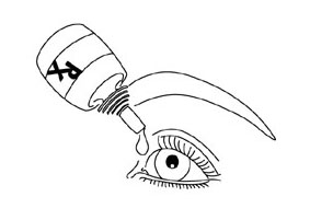 drawing of an eye with a prescription eye drop bottle dripping into the open eye